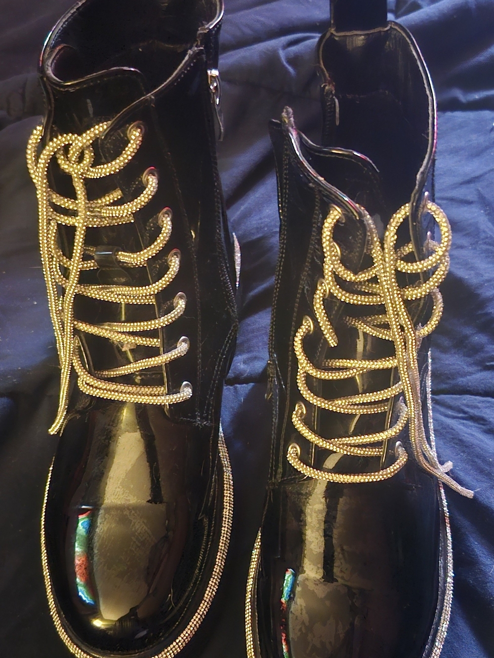 Black/Silver Trimed Silver Metal Like Lace, Zippered Combat Boot